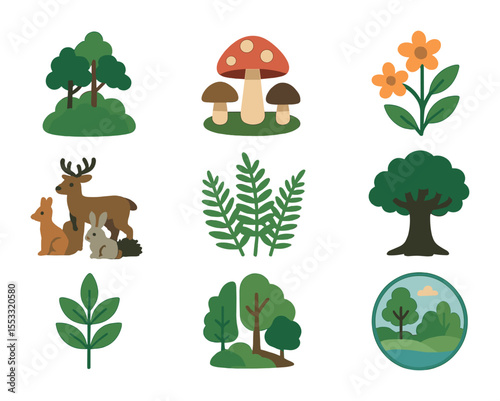 Forest Diversity Icons. Flat icon set of forest and flora diversity: rainforest canopy, mushroom patch,