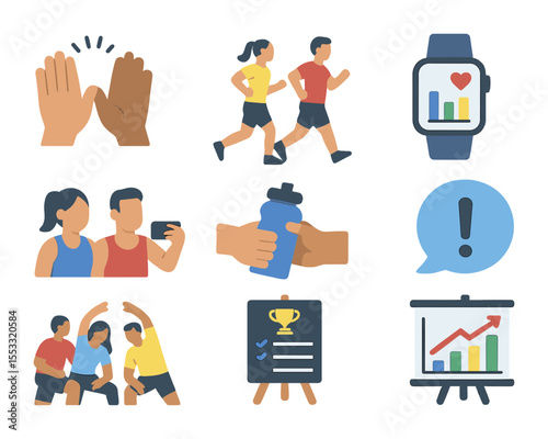 Group Fitness Icons. Flat icon set of group fitness motivation: high-five gesture, group jog, smartwatch