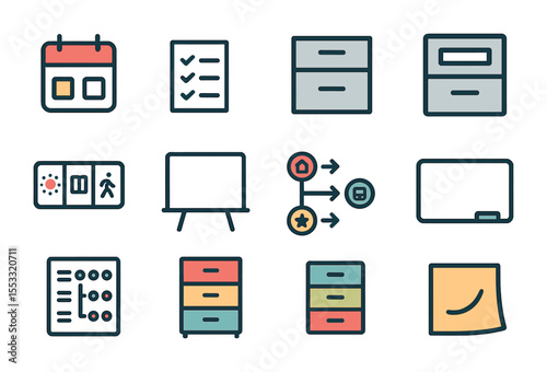 Organizational Icon Set. Flat icon set of visual organization aids: calendar blocks, task checklist, labeled