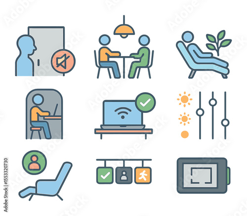 Coworking Zones Icons. Flat icon set of coworking zones for all needs: silent room, open collaboration area,