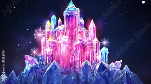 A luminous crystal castle rises on a jagged mountain under a starry night sky