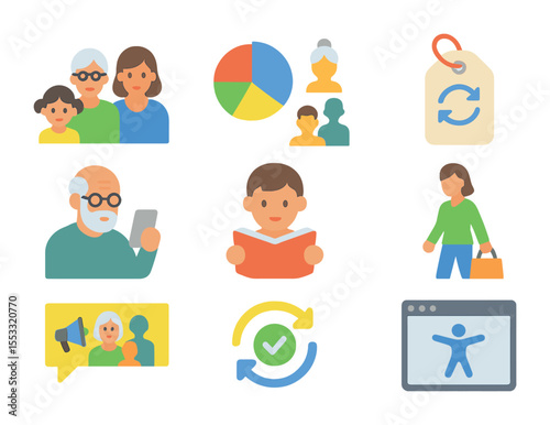 Age-Inclusive Marketing Icons. Flat icon set of age-inclusive marketing: multigenerational group, diverse age
