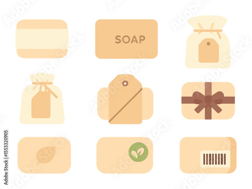 Soap Packaging Icons. Flat icon set of soap bar packaging: paper wrap, cardboard box, wax-sealed label, fabric