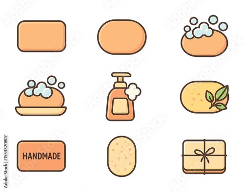 Soap Bar Icons. Flat icon set of hand soap bar essentials: rectangular soap bar, oval soap bar, soap with