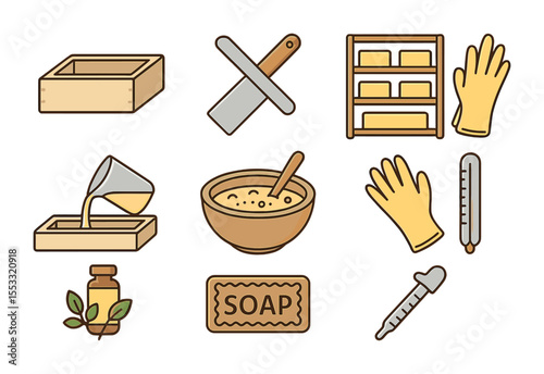 Handmade Soap Icon Set. Flat icon set of handmade soap process: soap mold, cutting knife, curing rack, pouring
