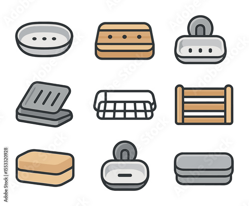 Soap Holder Icons. Flat icon set of soap storage and holders: ceramic soap dish, wood soap tray, wall soap