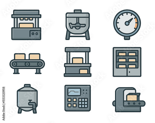 Soap Equipment Icons. Flat icon set of soap manufacturing equipment: industrial soap press, large mixing vat,