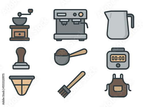 Barista Tools Icons. Flat icon set of barista tools: coffee grinder, espresso machine, milk pitcher, tamper,