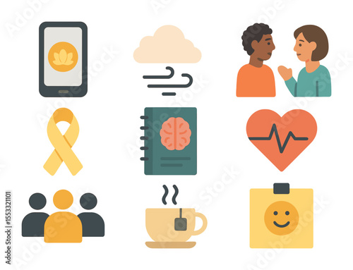 Mental Health Icons. Flat icon set of mental health support actions: mindfulness app, calm reminder icon,