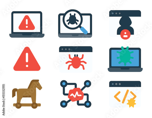 Online Threat Icons. Flat icon set of online threat detection: malware alert, spyware scan, suspicious login,
