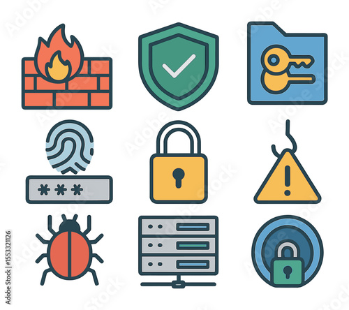 Cybersecurity Icon Set. Flat icon set of cybersecurity essentials: firewall, antivirus shield, data encryption