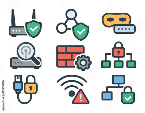 Network Security Icons. Flat icon set of network security: router shield, secure network icon, IP address mask