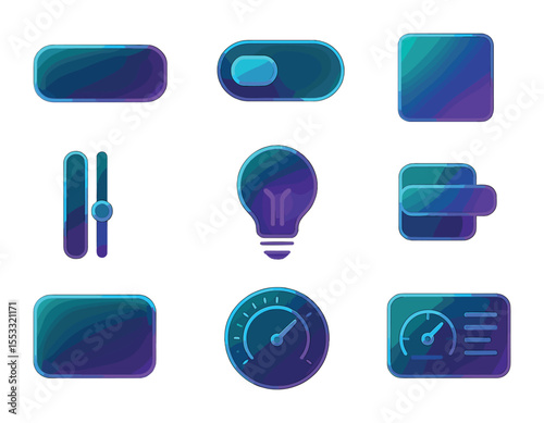 Futuristic Glass Icons. Flat icon set of futuristic UI elements: neon glass button, transparent toggle,