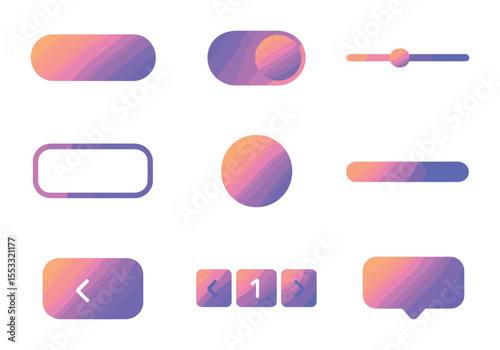 Gradient UI Icon Set. Flat icon set of bold gradient UI elements: gradient button, gradient toggle switch,