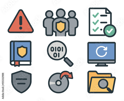Cyber Response Icon Set. Flat icon set of cyber incident response: threat alert icon, security response team,