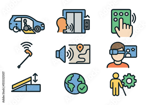 Future Mobility Icons. Flat icon set of accessibility in future mobility: wheelchair-access EV, voice command