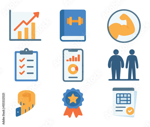Fitness Icon Collection. Flat icon set of fitness goal tracking: progress chart, weight logbook, muscle mass