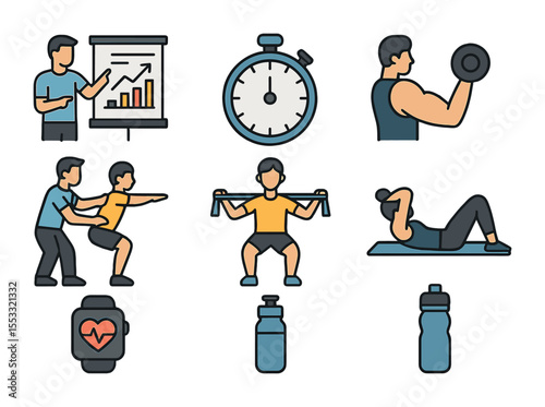Personal Trainer Icon Set. Flat icon set of personal trainer workout sessions: trainer pointing to chart,
