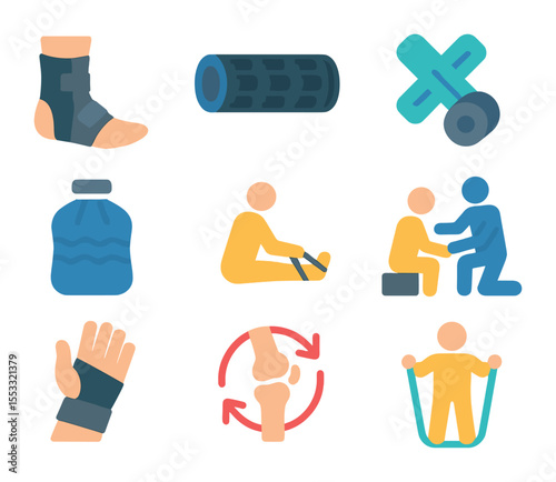 Injury Prevention Icons. Flat icon set of injury prevention and recovery: ankle brace, foam roller,
