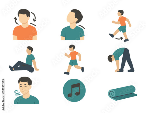 Warm-Up Icons Grid. Flat icon set of warm-up and cool-down routines: shoulder rolls, neck stretches, dynamic