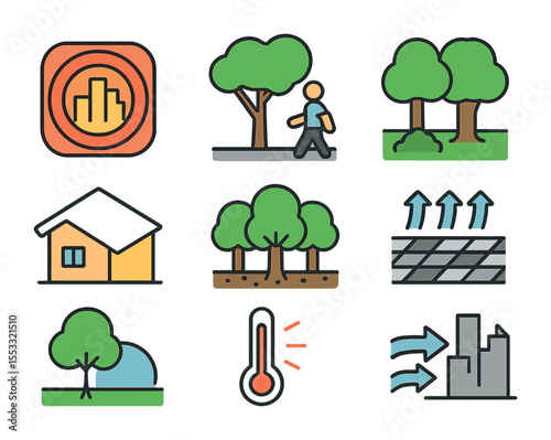 Urban Heat Island Solutions. Flat icon set of urban heat island solutions: heat map icon, shaded sidewalk,