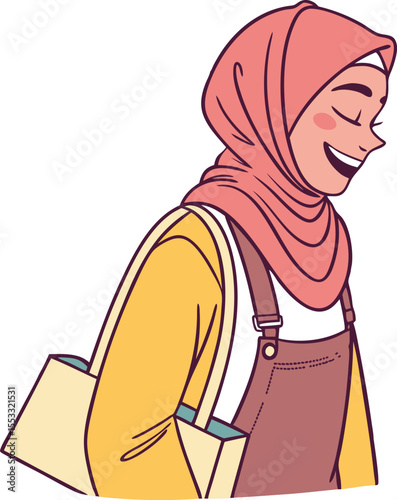 A cheerful young woman wearing a hijab and stylish yellow top with brown overalls, carrying a beige tote bag.