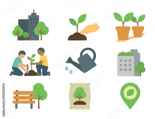 Urban Reforestation Icons. Flat icon set of urban reforestation: city skyline with trees, sapling planting,