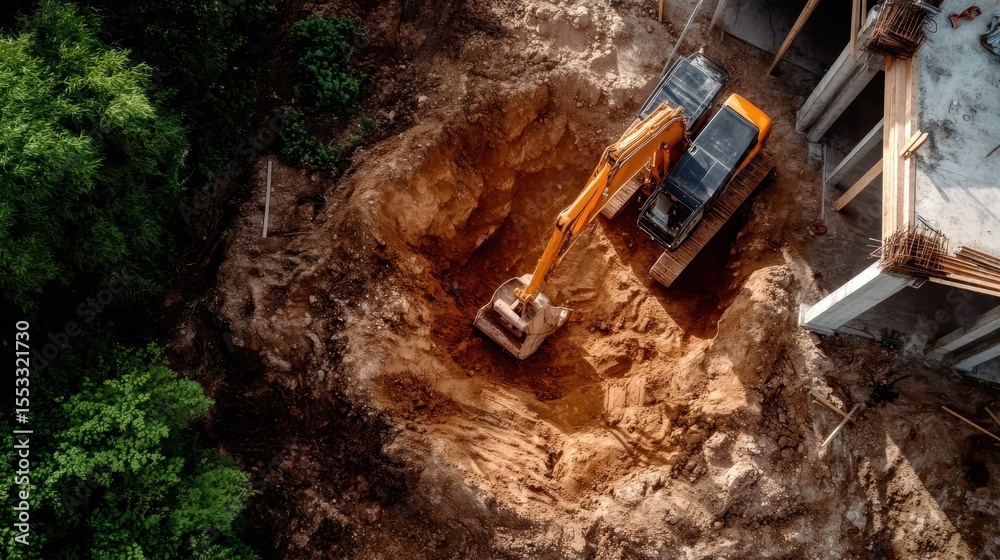 Fototapeta premium An aerial view of a construction site with a vibrant orange excavator digging deep, symbolizing progress and the transformative nature of construction and urban development.