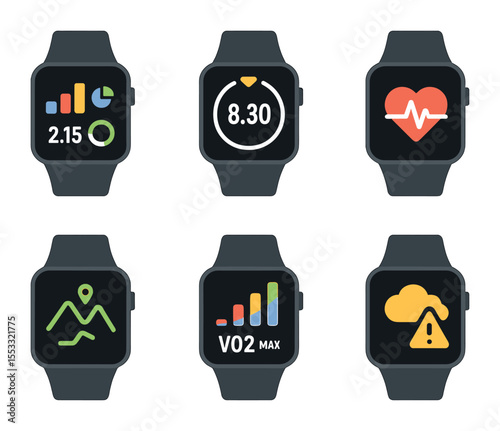 Athlete Smartwatch Icons. Flat icon set of smartwatches for athletes: smartwatch with stats, lap timer screen,