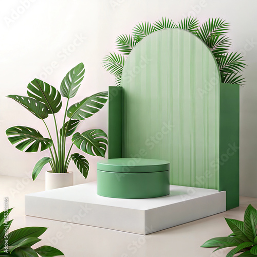 Modern Green Display Stand with Tropical Plants for Product Presentation