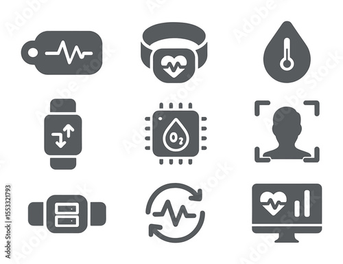 Biometric Monitoring Icons. Flat icon set of biometric monitoring tools: EKG patch, heart rate ring, body