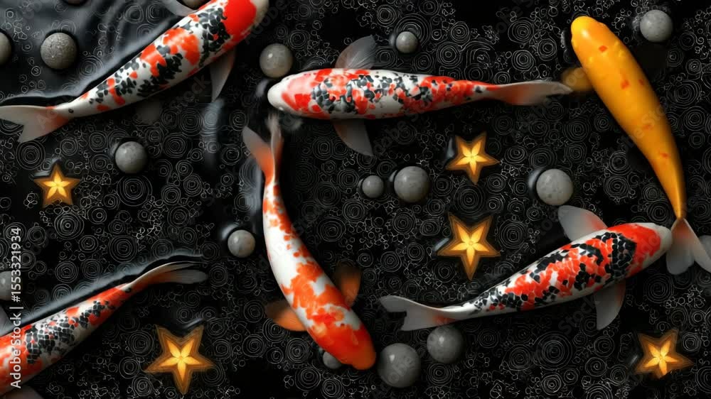 Several colorful koi carp swim against a dark background with decorative stars and stones