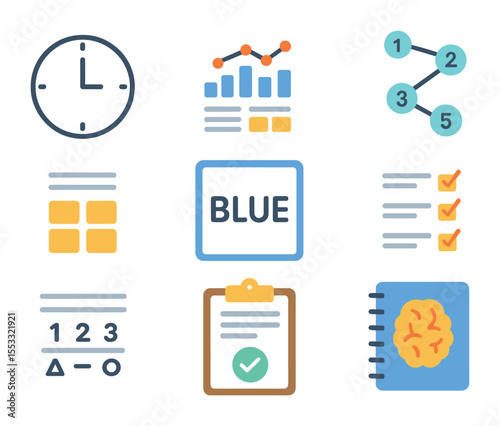 Neuropsychological Assessment Icons. Flat icon set of neuropsychological assessment tools: clock drawing test,