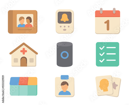 Memory Support Icons. Flat icon set of memory support aids: labeled photo album, digital reminder device,