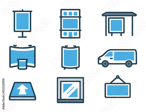Advertising Display Icons. Flat icon set of advertising displays: street banner, building wrap, bus stop ad,