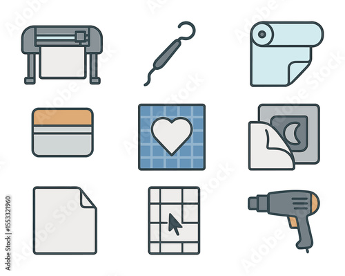 Vinyl Cutting Icons. Flat icon set of vinyl cutting and application: vinyl cutter, weeding tool, transfer tape