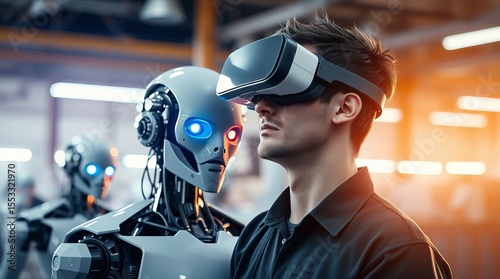 A man in a factory wearing a black work shirt and VR glasses is servicing humanoid robots and looking at their internal systems