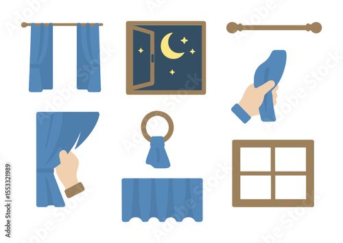 Night Curtain Icons. Flat icon set of closing the curtains at night: drawn curtains, open window, night sky,