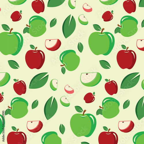 Seamless fruit pattern featuring red  and green apples, a sweet summer apple illustration