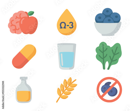 Brain Health Icons. Flat icon set of nutrition for brain health: brain and apple, omega-3 icon, blueberry bowl