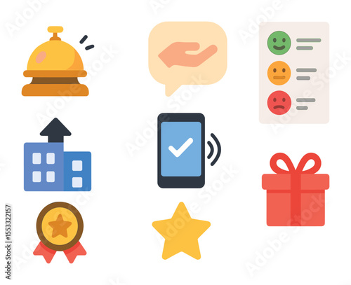 Guest Experience Icons. Flat icon set of guest experience enhancement: concierge bell, welcome message,
