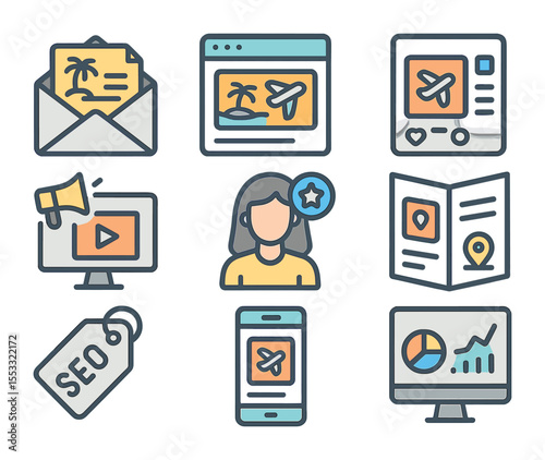 Travel Marketing Icons. Flat icon set of travel marketing channels: email newsletter, travel blog, social