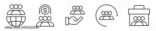 Conjunto de iconos de equipos de trabajo. Colaboración, unión y objetivos compartidos. Personas sobre globo, moneda, flecha circular y maletín de trabajo. Ilustración vectorial