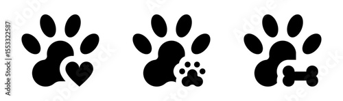 Conjunto de iconos de huellas de animales. Cariño, compañía y cuidado de mascotas. Huella con corazón, huella pequeña, hueso. Ilustración vectorial