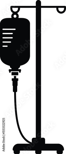 Medical IV drip stand with fluid bag.
