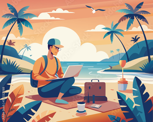 Digital nomads [Remote Worker on a Tropical Beach] [in a Relaxed Mood] [working with a laptop] [on a vibrant beach setting]