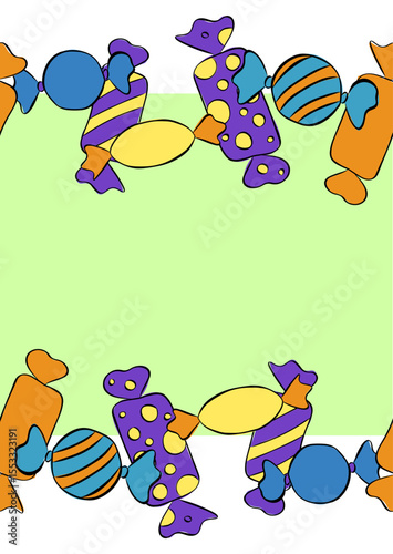 Sweets candies Frame seamless border template. Vector graphic line ink illustration. Banner, poster, wrapping paper, sticker, print, modern textile design. For logo, web, package, sticker.