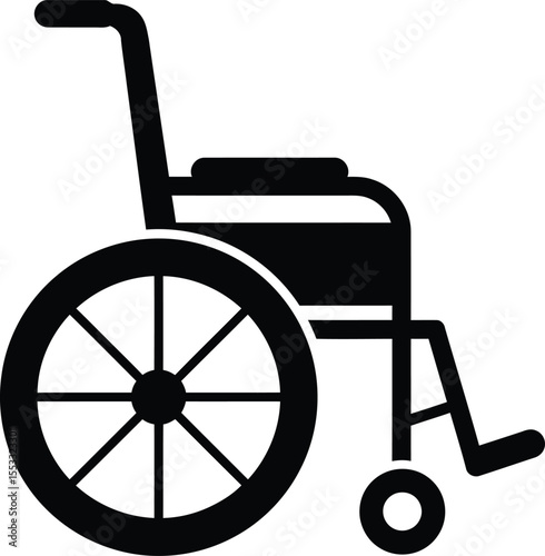 A simple black silhouette of a standard wheelchair.