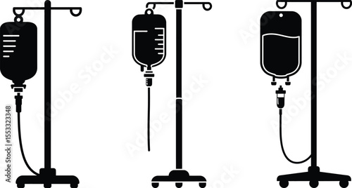 Collection Silhouette illustrations of three different intravenous drip infusion bags hanging on stands.