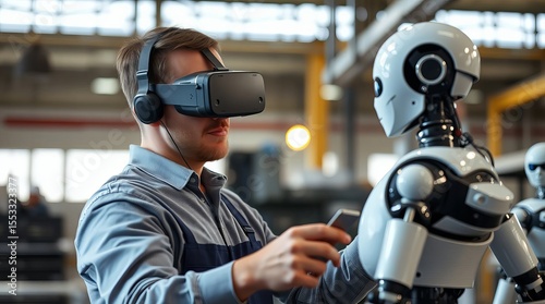 A humanoid robot undergoes maintenance and repair at a factory. A male engineer repairs this robot in VR glasses